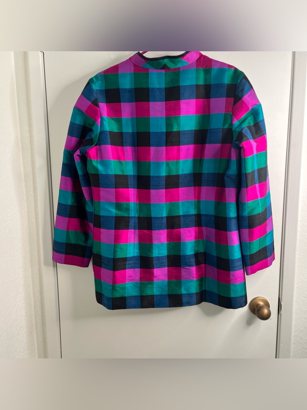 Thomson 100% Silk Jewel Toned Plaid Jacket Size XL 80s Colorblock Grandmillenial - Picture 11 of 16